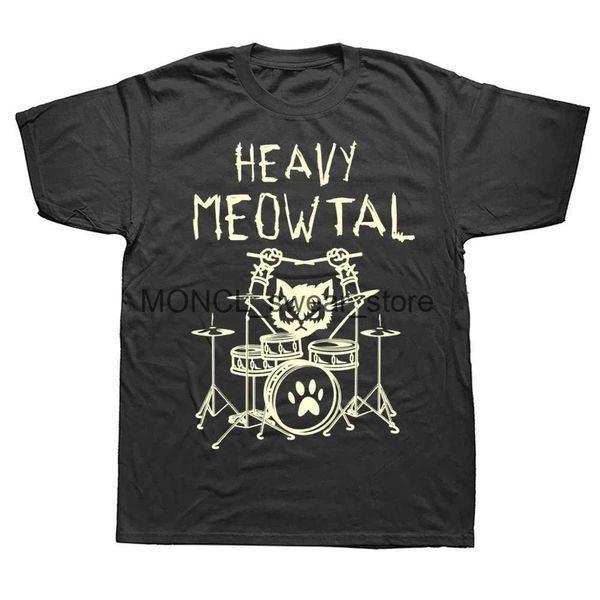 T-shirt maschile pesante Meowtal Cat Metal Music Tshirt Domande da uomo Idea regalo per animali domestici Funny Pet proprietario della camicia stampata in cotone puro in cotone più dimensioni H240506