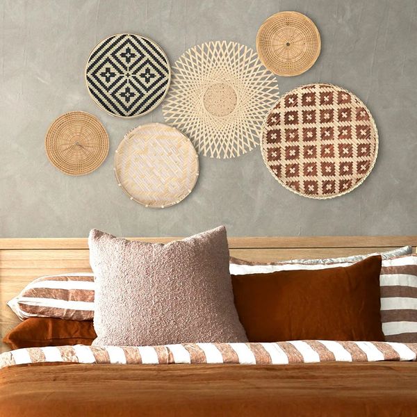 Conjunto de 6 cesta de parede de vime de vime decoração de parede pendurada boho decoração de parede de casas de palha de palha na fazenda rústica da fazenda decoração 240423