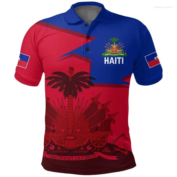 Polos masculinos 3D camisetas polo impressas para homens Haiti Nacional de bandeira polígona Camisa polinésia Tops de manga curta Mulheres garoto roupas casuais roupas