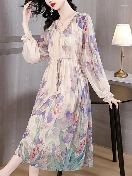 Lässige Kleider 2024 Boho florale Seiden elegante Beschleppung Langes Kleid Frühling Summer Sleeve Rüle Urlaub Korean Vintage Abend Abschlussball