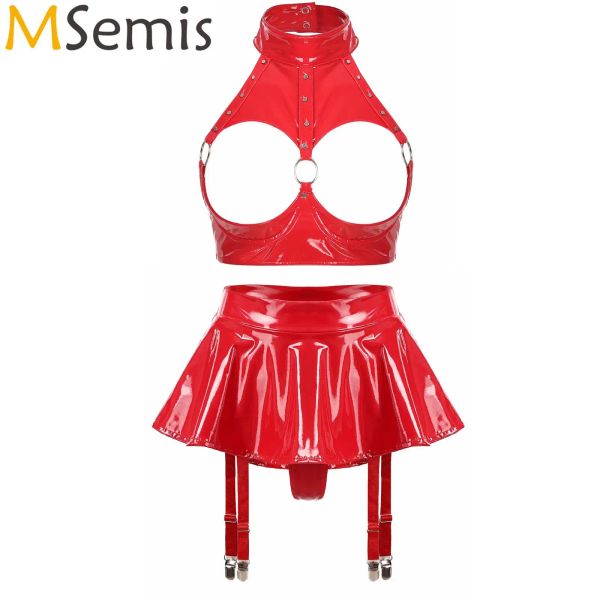 Ternos femininos de couro patenteado twopieces lingerie conjunto de arame de xícara aberta com sutiã com tangas de tangas embutidas mini -saia de cinto de liga