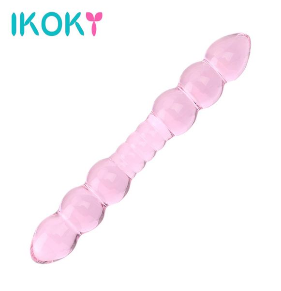 Ikoky Glass Dildo Dual Head Plug Torch Stimolazione del sedere Massaggio Prostato Gruttivo Penis Sex Toys per femmina Masturbazione femminile S10188889424