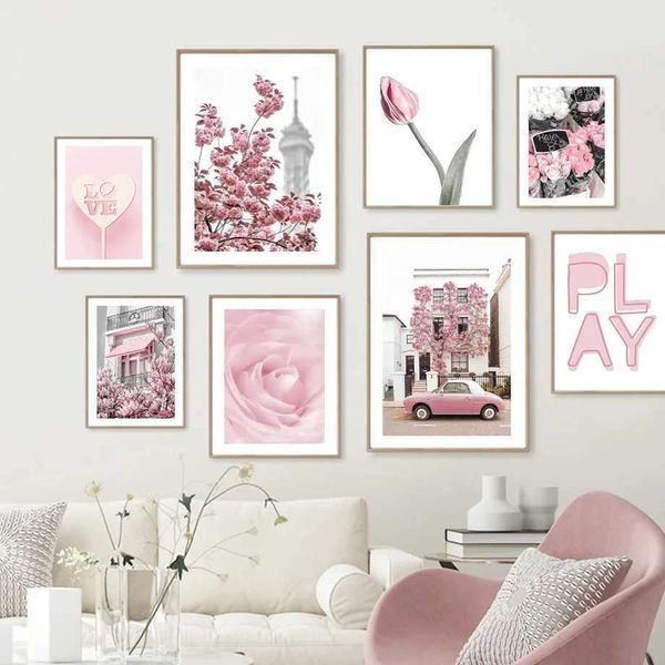 Llpapers Canvas Painting Pink Blossom Cherry Tulip Rose Flower Fashion Passters Girl и принты Декор гостиной настенные художественные картинки J240505