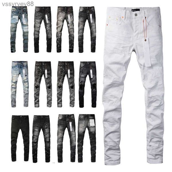 Marca rasgada roxa preta com mulher branca tag para um ajuste esbelto angustiado Washed destruído calça jeans calças calças masculinas pilha de jeans Man RLS2