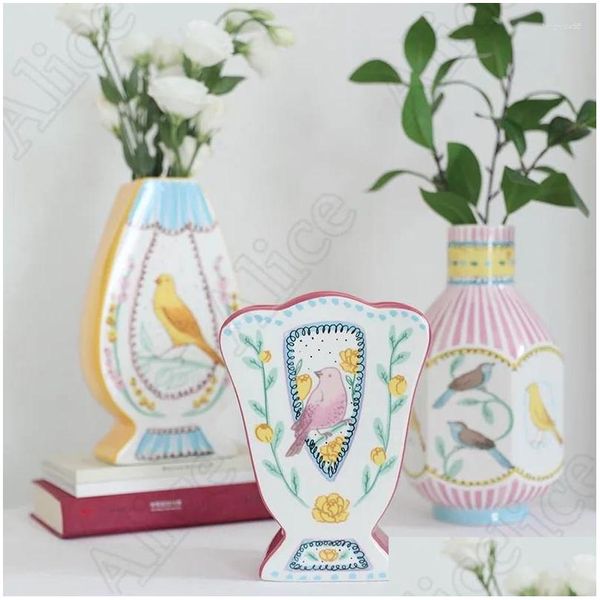 Vasen kreative Gemälde Keramik Vase Nordic Hand Dn Blumen und Vögel Polyeder Blume Arrangement Schlafzimmer Desktop Orament Drop de dhfgr