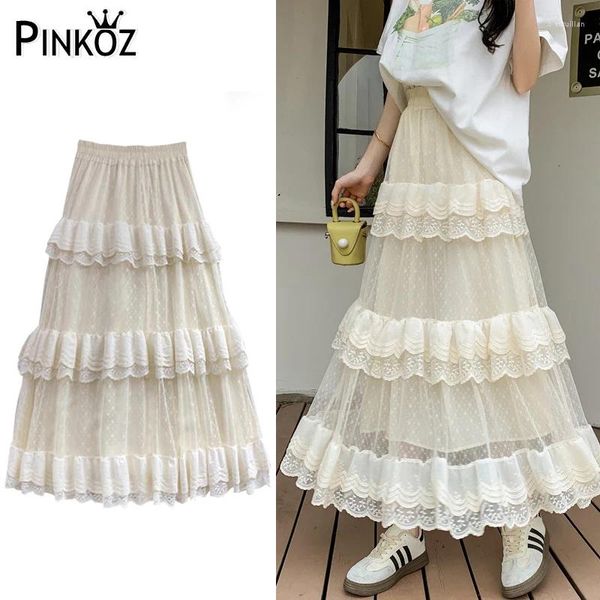 Signe Designer Pinkoz Lace Maxi Long for Women Vintage Fashion Chic Ruffles Cascading Elastic Wasit Skirt Faldas Mujer