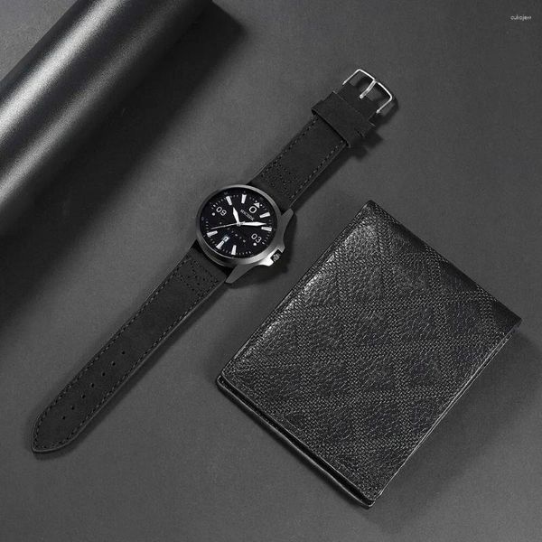 Principais relógios de punho Moda de moda Wallet Business Set Deting Data Data de quartzo Relógio Hombre casual de couro preto casual RELOJ