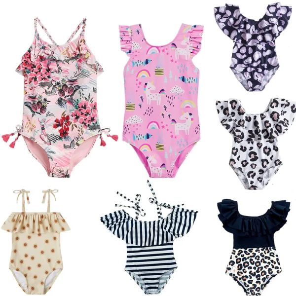 Badebekleidung Onepiefe Baby Badebekleidung gestreifter Leopardenmuster Sommer Beach Bikini Kleinkind Mädchen Badeanzug Bade dünne Mädchen Schwimmanzug