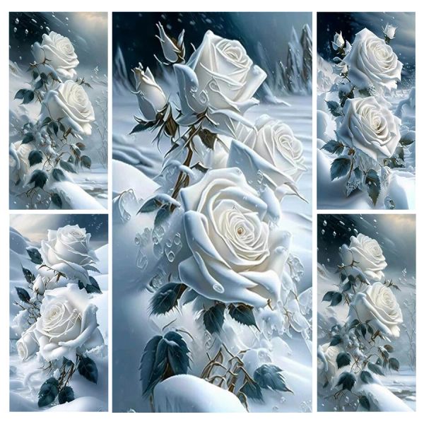 Stitch Fullcang di grande dimensione di pittura diamantato inverno rosa bianca 5d fai -da -te ricamo a mosaico completo neve fiore decorazione murale fg2090
