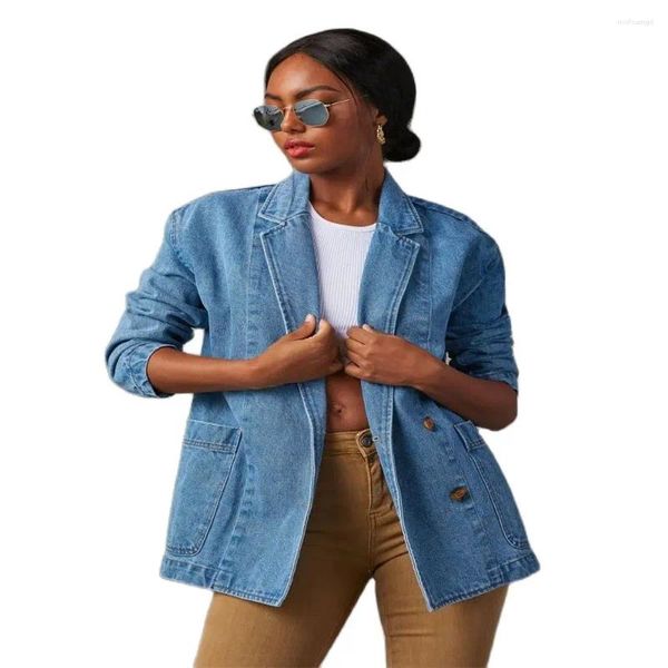 Kadın Ceketleri 2024 Moda Euro-Amerikan Tarzı Denim Mavi Ceket Kadın Takım Köpek Vintage Hafif Renk Ağır Yıkama Gevşek Kovboy
