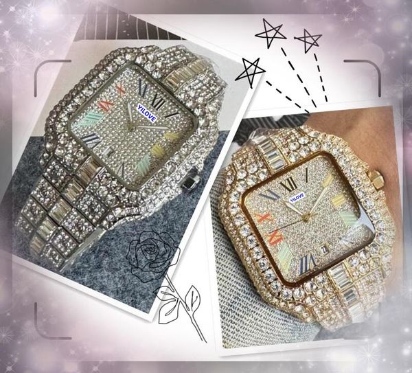 ICED Out 3 Stiches Square Face Watch Hip Hop Herren Kalender Quarz Bewegung Uhr Business Edelstahlgurt Diamanten Ring Großhandel männliche Geschenke Armbanduhr