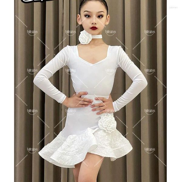 Bühnenbekleidung Herbst- und Winter Latin Dance Kleid Kinder Training Mädchen weiß einfacher langärmeliger Anzug