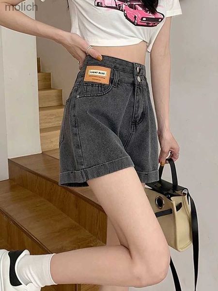 Frauen -Shorts Zoki Harajuku Gray Women Denim Shorts Koreaner Preppy Style Casual Wide Leg Shorts Sommer High Taille Modeknöpfe neue WX