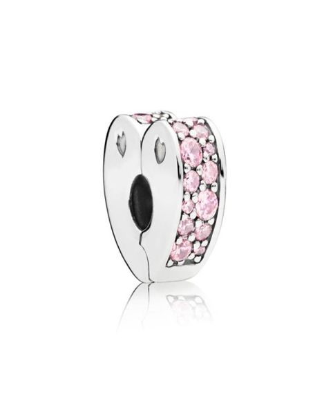Autêntico 925 Sterling Silver Bads Charms rosa Arcos nítidos de Love Heart Clip Lock Stopper Bad Fit Charm Bracelet