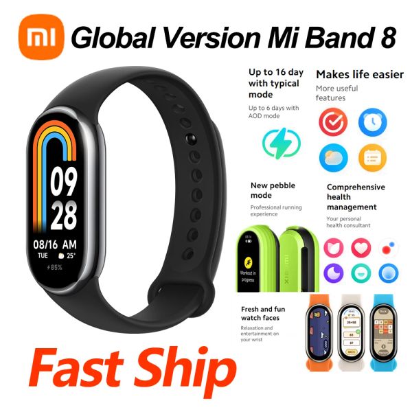 Pulseiras Versão Global Xiaomi Mi Banda 8 com 1,62 Tela AMOLED Blood Oxygen Fitness Bracelet Traker Freker Monitor Miband8