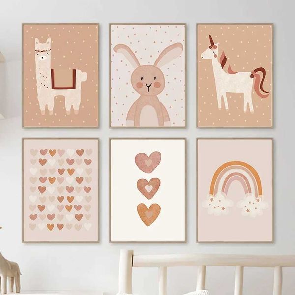 s boêmio desenho animado alpaca coelho arco -íris love art dalvas pintando pôsteres nórdicos e estampas imagens de parede para crianças decoração de quarto j240505