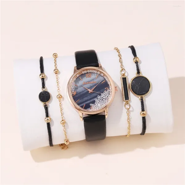 Relógios de pulso 5pcs/set moda moda na moda Rhinestone Quartz PU Leather Women Watch