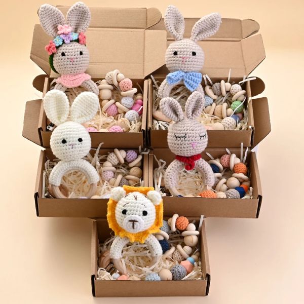 Blöcke Baby Schnullerkette Armband Boxed Set Tierhäkeln hölzerne Teether -Ring für Säuglingspflege -Zahnen Kauen -Spielzeug Duschgeschenk