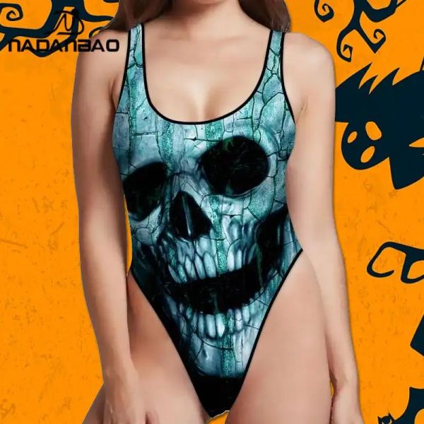 Abiti Nadanbao Halloween Skull Women Stamping Boding Bodyuit Swimwear Surfing Swimming Beachwear