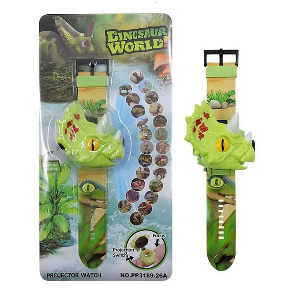 Relógio de dinossauros lanterna Toys Toys Kids Dinosaur Watch com 24 padrões Padrões Animal Torch Educational Toys 240506