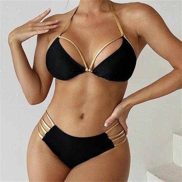 Swimwear's Swimwear Gold String Bikini Hollow Out Sexy Bikini Set Swimsuit Backless Women senza schienale Due pezzi da bagno da bagno a due pezzi.