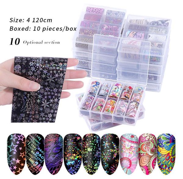 10Rolls Holographic Unhel Foil Conjunto 4*100cm Folhas de flores Leopard Nails Arte Transferência de arte Manicure Diy Stickers Decorações2830026