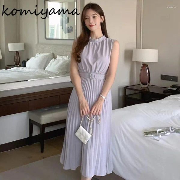 Vestidos casuais cinto túnica vestidos plissados 2024 vestido coreano tank vestido stand colar sem mangas de verão ropa mujer