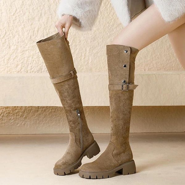 Stivali in pelle scamosciata in pelle scamosciata femmina tacco spessato fusta autunnale ginocchio elastico per le donne con cerniera della cerniera black botas mujer