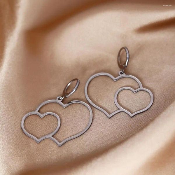Orecchini per borchie Kinitial Double Heart Simbolo Coppia a sospensione Coppia di San Valentino logo Emblema romantico Amulet Charm Love Love