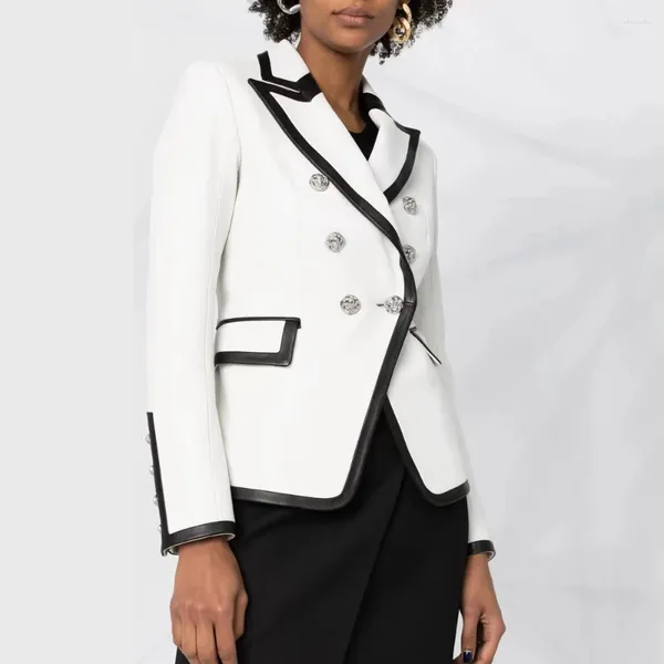 Frauenanzüge Einzigartiger Herbst Winter Schwarz Kontrast Farbe Weiße PU Leder Patchwork Jacken Leoparden Druck Linging luxuelle Mode Frauen