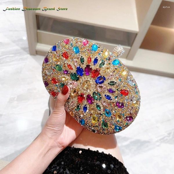 Totes Luxus ovales Bankett Abendtasche 2024 Sonnenblume Strass Frauen Handtasche Metall Rahmen Diamant Damen Abendessen Clutch mit Kette