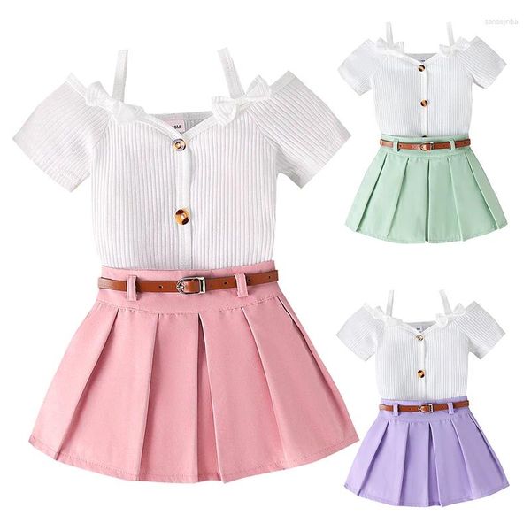 Roupas conjuntos de foco 1-5y Moda meninas roupas de verão fora de ombro de manga curta Straps de tampas plissadas com cinto