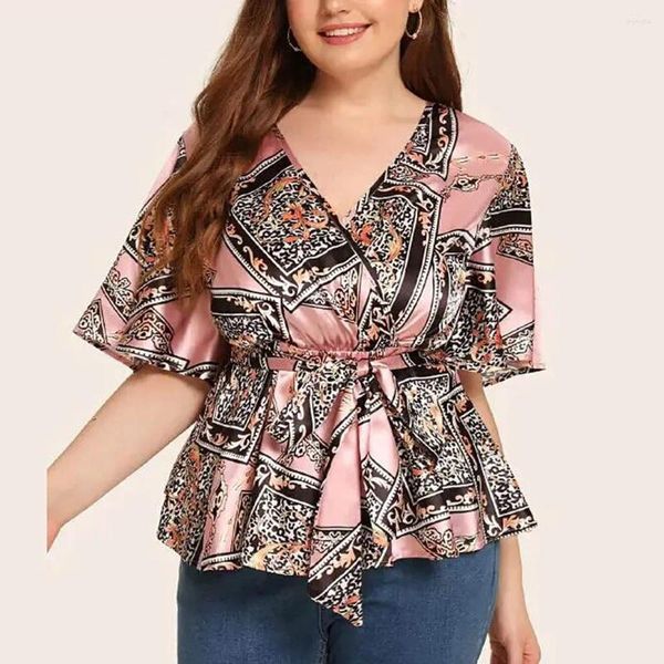 Frauen T-Shirts kurzärmelige T-Shirts für Damen Sommer Comfy Tops Plus Size Casual Bluse V-Ausschnitt gedrucktes Taillengürtel