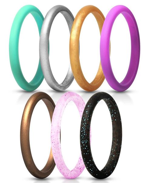 7 Color Pack Metallic Sprudel Silicon Eheringe für Frauen Dünne Gummi -Ehering -Bänder Stapelbare Ring FDA Silicon 27mm Wid7239255