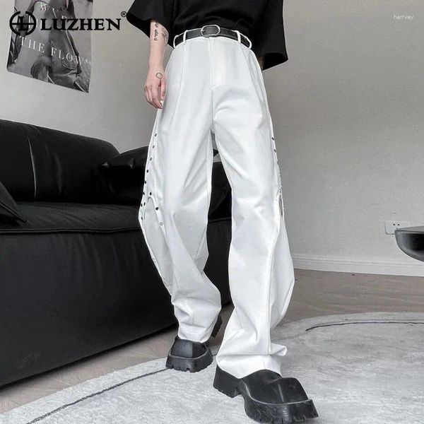 Herrenhose Luzhen Rivet Metall Dekorieren Spleißdesign Feste Farbe Trendy Straight 2024 Spring Fashion Street Herren Hosen LZ2110