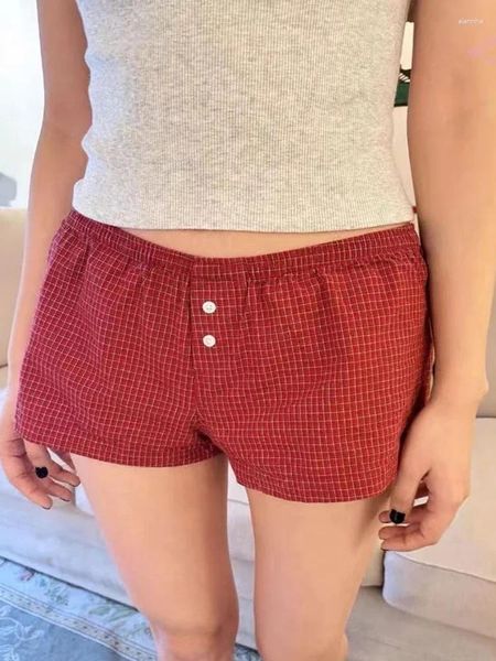 Shorts femminile Rosso Plaid Home for Women 2024 Summer Ladies Bottons Elastic High Waist Cotton Short Pant Casual Vintage Sweet