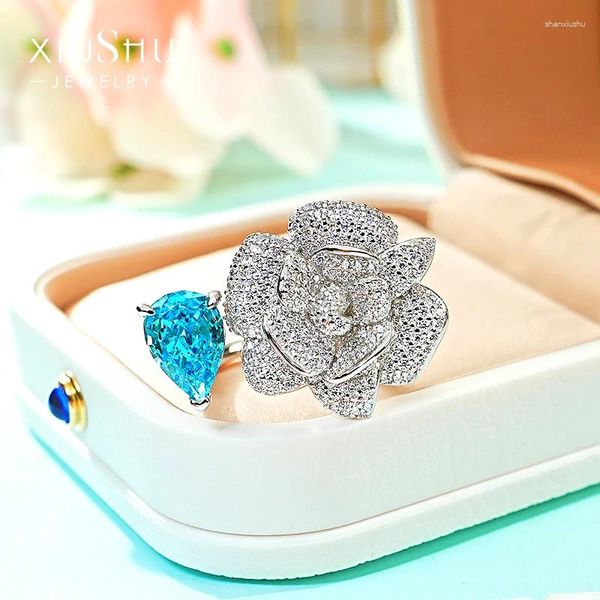 Brincos de camellia gotas de água cair de topo azul 925 estilo de abertura de anel prateado pequeno e versátil tesouro marinho luxo