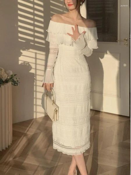 Lässige Kleider weiße elegante Vintage Midi Kleid Frauen Rüschen sexy Strandpartykörper weibliche silm ein Stück Korean 2024 Sommer Y2K