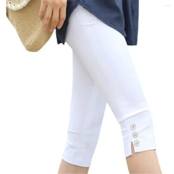 Calça feminina de elasticidade calças de verão capris joelho mulheres mulheres finas respiráveis trusss ladies altas cintura elástica