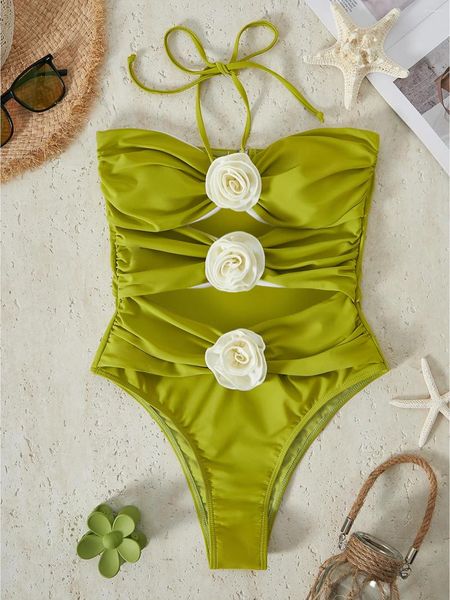 Kadın Mayo In-X Yeşil Çiçekler Bikini 2024 Kadın Kore tarzı sahil kıyafeti kadınlar için banyo takım elbise tek parça