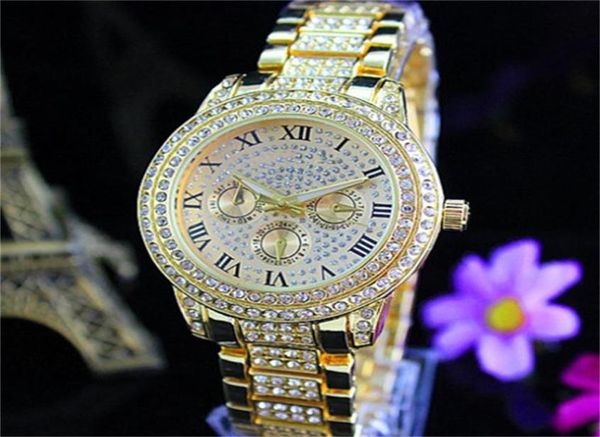 ROM LUXURY Quartz Watches Womens Diamonds Relógios False 3 Eyes Mulhers Ladies Designer Quartz Relógios 3 cores inteiras 6042643