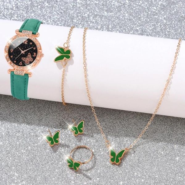 Наручительные часы Женские роскошные кварцевые чарцы Смотрите зеленую модную симуляцию и ювелирные украшения для бабочек