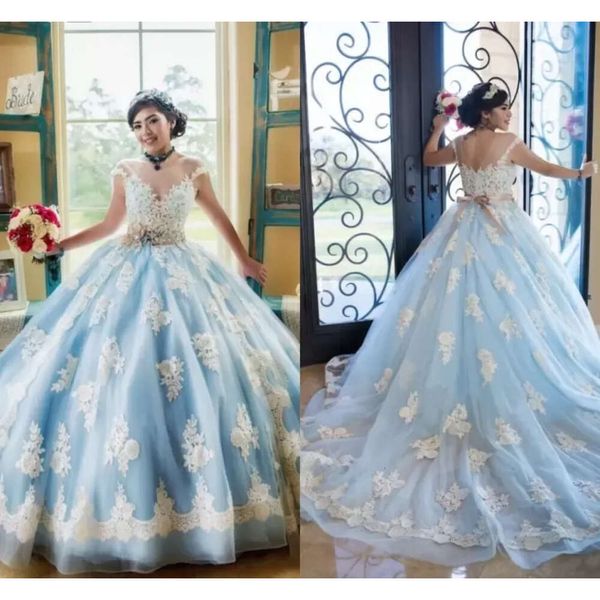 Quinceanera Tulle Blue Scoop кружевные платья небо аппликация из бисера чистая шея на заказ