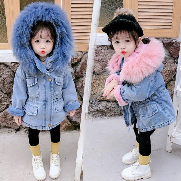 Giacca in jeans coreano in giù per abiti da bambina autunno inverno inverno pelliccia con cappuccio calda jean esterno bambino 2 3 4 5 6 anni 2750