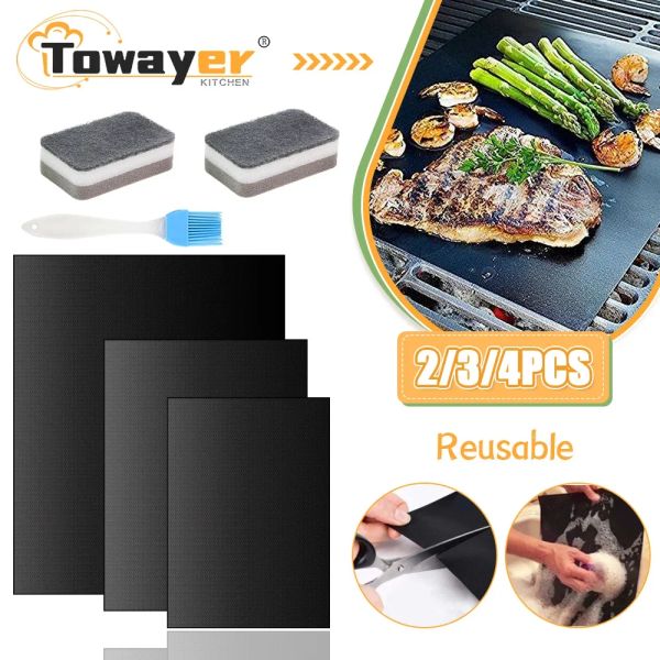 Grills 2/3/4pcs BBQ Grill Mat wiederverwendbares Grill im Freien im Freien Backen Nicht -Stick -Kochkochplatten Party Ptfe BBQ Tools Grill Matte Zubehör