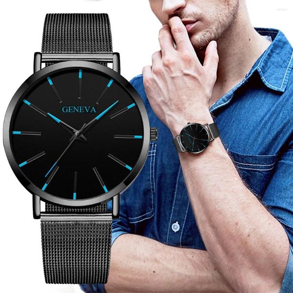 Relógios de pulso Ultra Thin Watches Men Men simples negócio de aço inoxidável cinto de malha masculina de quartzo de quartzo casual casual