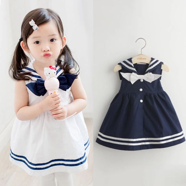 Kleider 2023 Sommer 210t Jahre Kinder Süße ärmellose Bogen Seemann Kragen Navy Blue White Patchwork Little Kids Girls Navy Weste Kleid