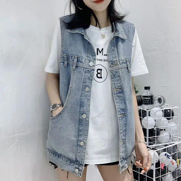 Frauenwesten 2024 Frühlings-/Sommer -Denim weibliche koreanische koreanische lockere mittelgroße ärmellose Weste Jacke Top Oberbekleidung Jean Weste Coat