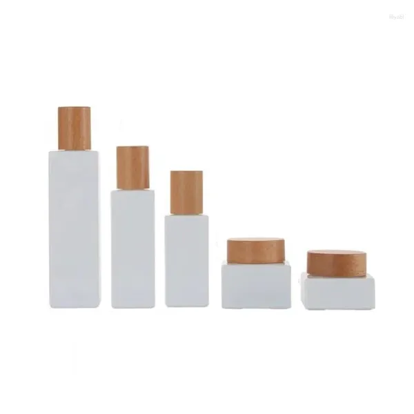 Bottiglie di stoccaggio 6pcs Polca di ricarica in vetro bianco quadrata 30 ml 50 ml 100 ml 120 ml Pompa a lozione per le venature estetiche in legno Viale da vile 30G 50g Crema