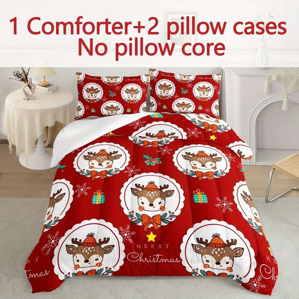 Copertura del piumone Cappello di Natale rosso Letto leggero leggero fiocchi di neve Box Pattern Stampa Cartoon Elk Trapunta 3D Decorazione camera da letto 1 Set di trapunte 2 federe